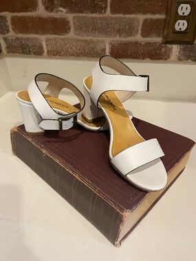 White Block Heel Ankle-Strap Sandals